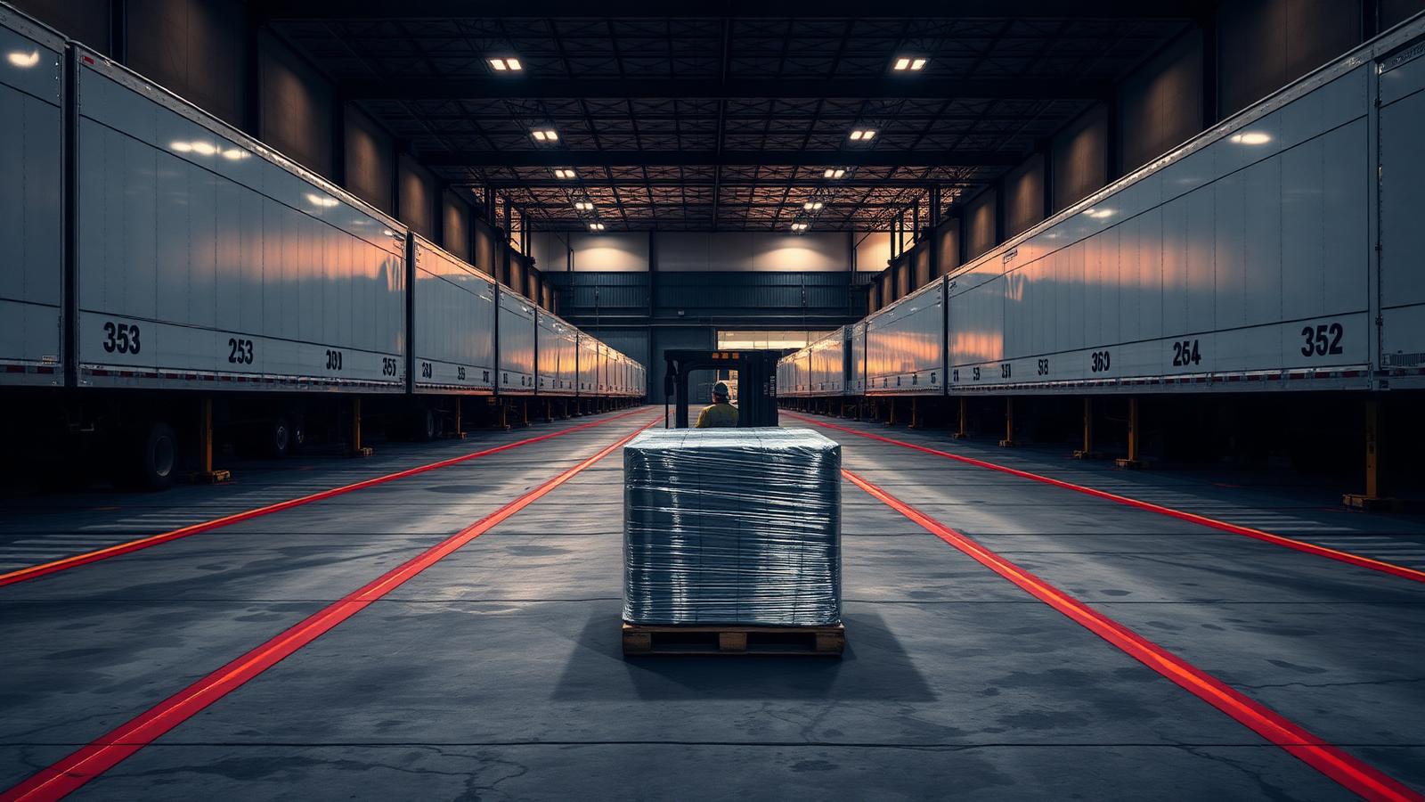 Trailers backed into numbered cross-dock doors with a forklift moving a wrapped pallet